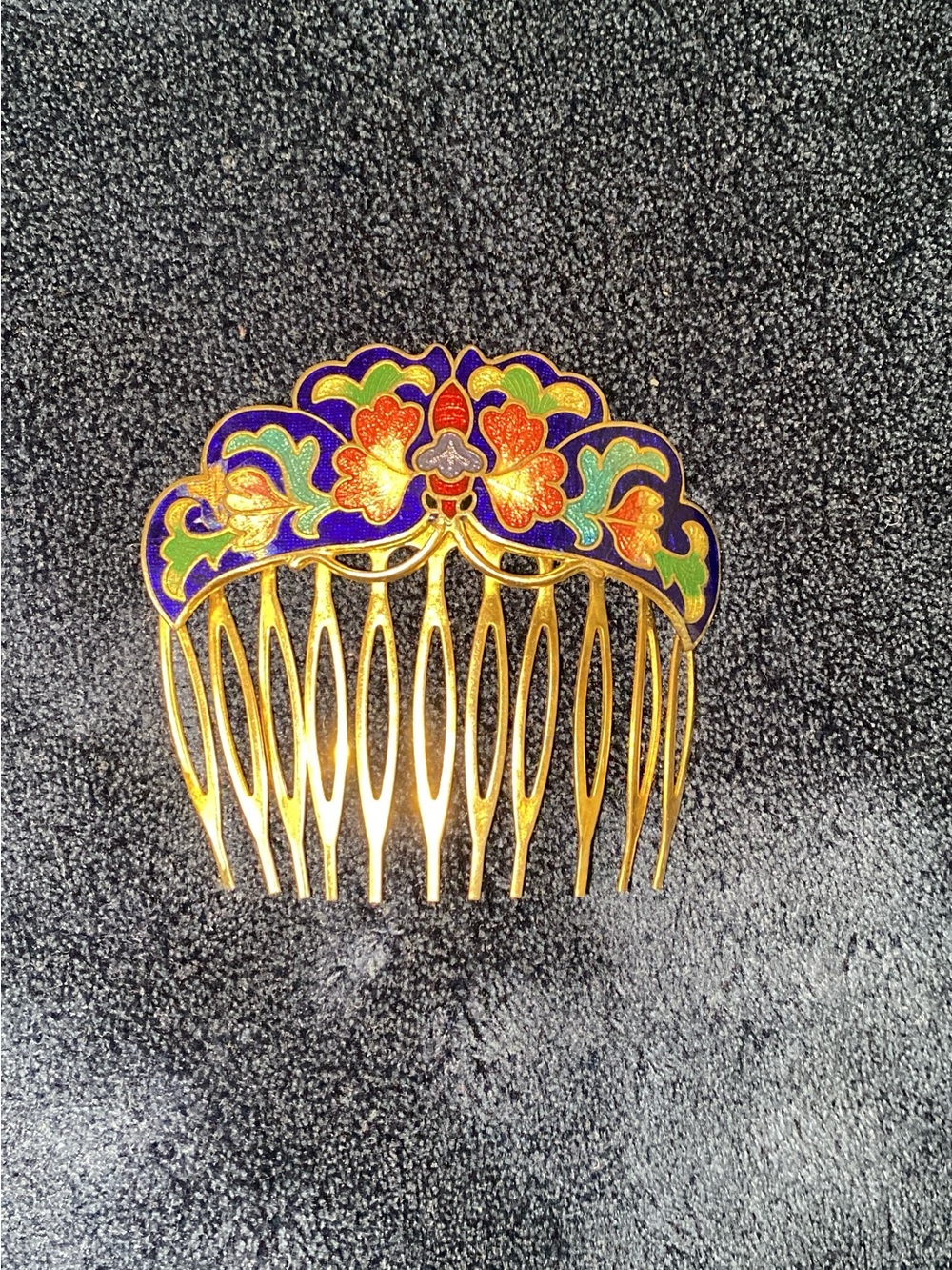 Vintage Cloisonné Gold Floral Enamel Hair Comb with Multicolor Accents